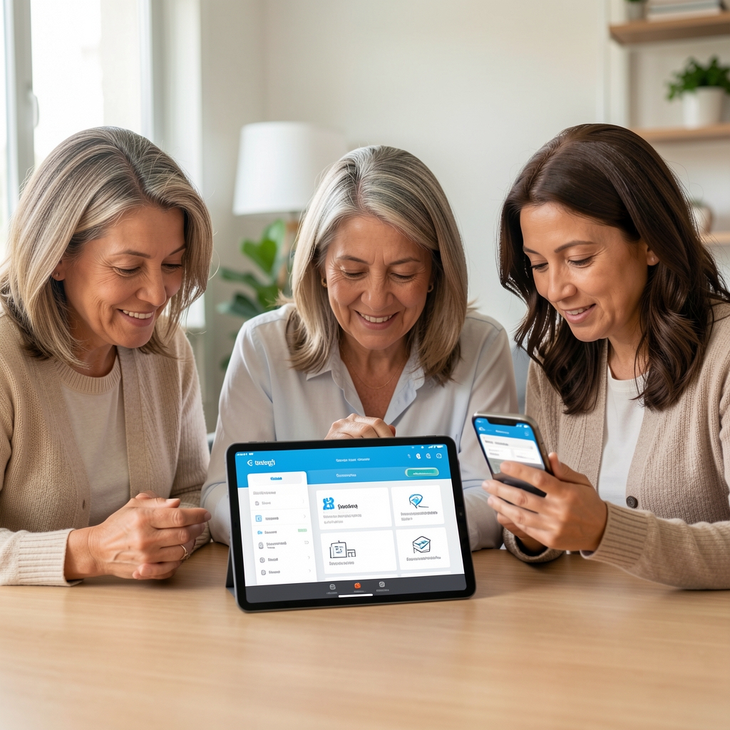 Tres generaciones argentinas comparando aplicaciones de servicios en una tablet y un teléfono