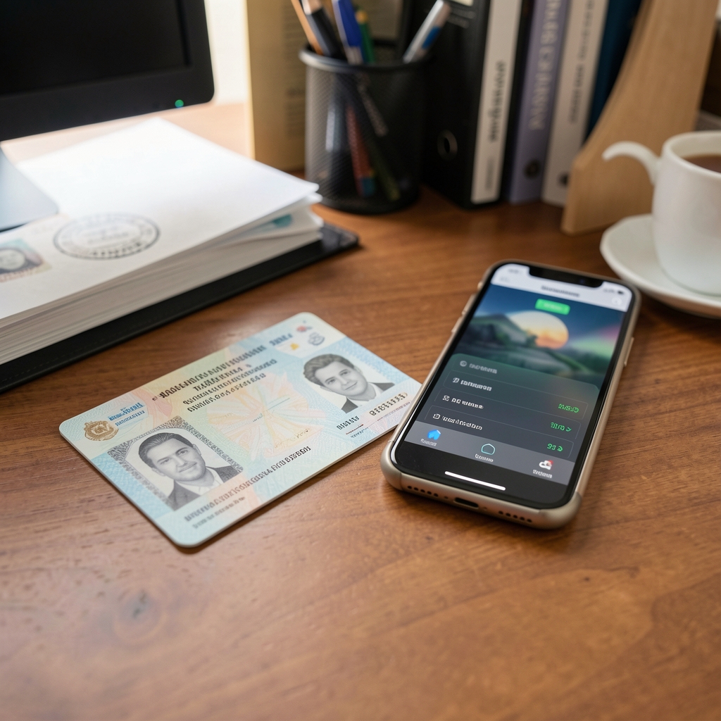 Documento de identidad argentino y teléfono mostrando una credencial digital sobre un escritorio ordenado