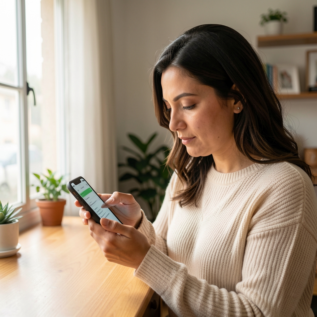 Mujer adulta argentina configurando la privacidad de su teléfono en una habitación con luz natural
