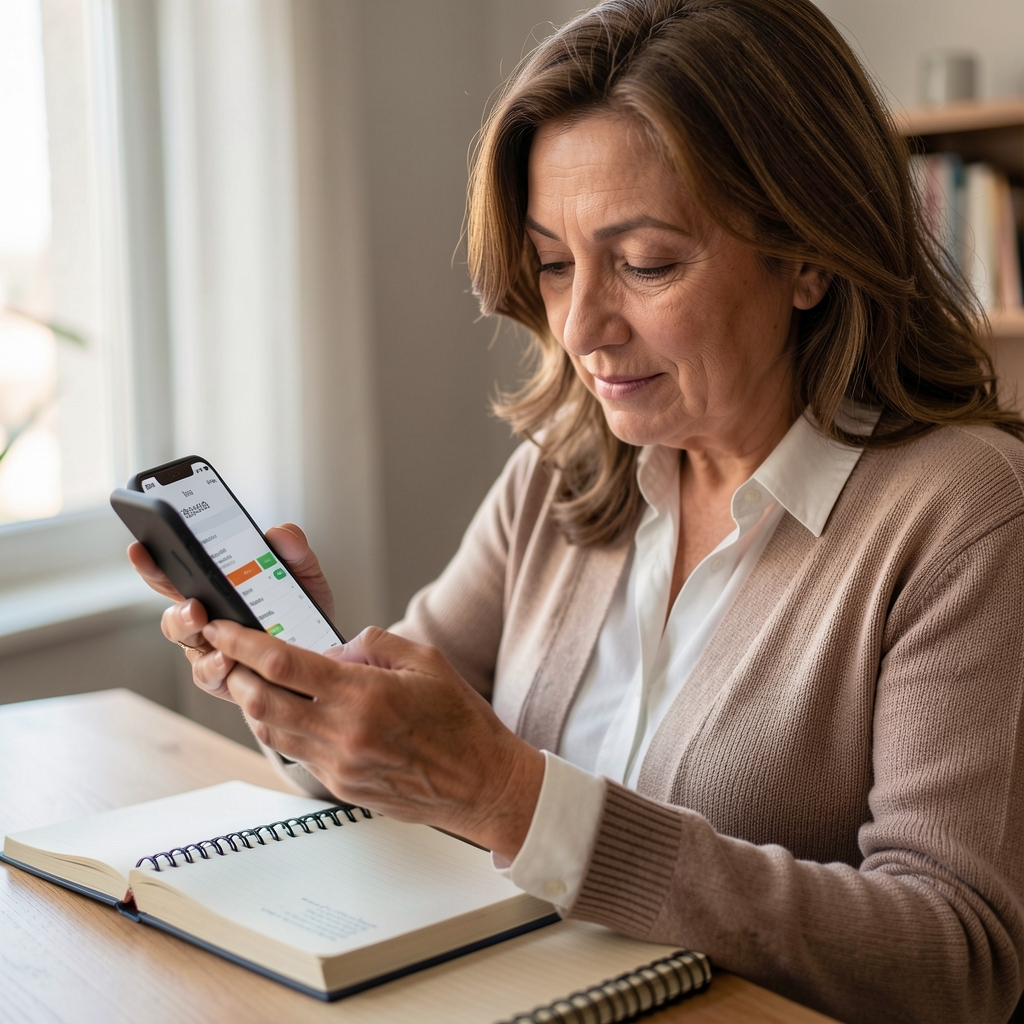 Mujer argentina mayor mirando el resumen de su cuenta en un celular junto a una libreta