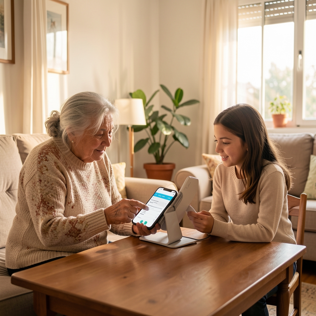 Abuela argentina aprendiendo a consultar un turno digital con su nieta en una sala hogareña luminosa