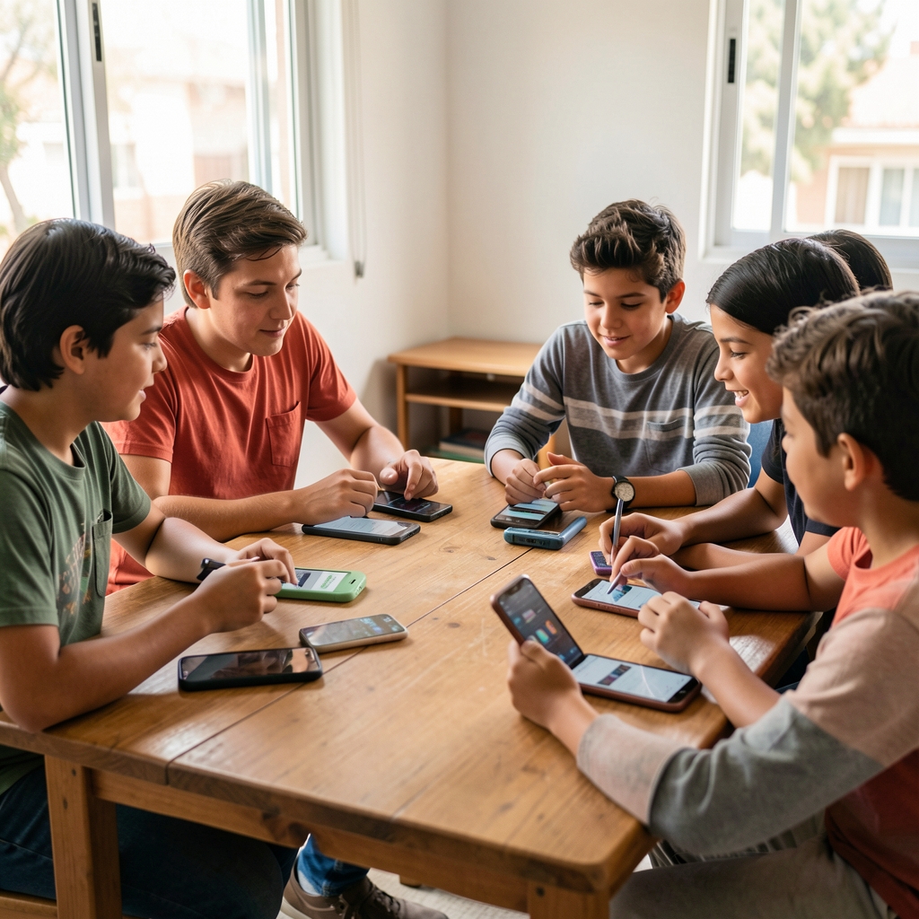 Grupo intergeneracional argentino participando en una actividad de alfabetización digital con teléfonos sobre una mesa