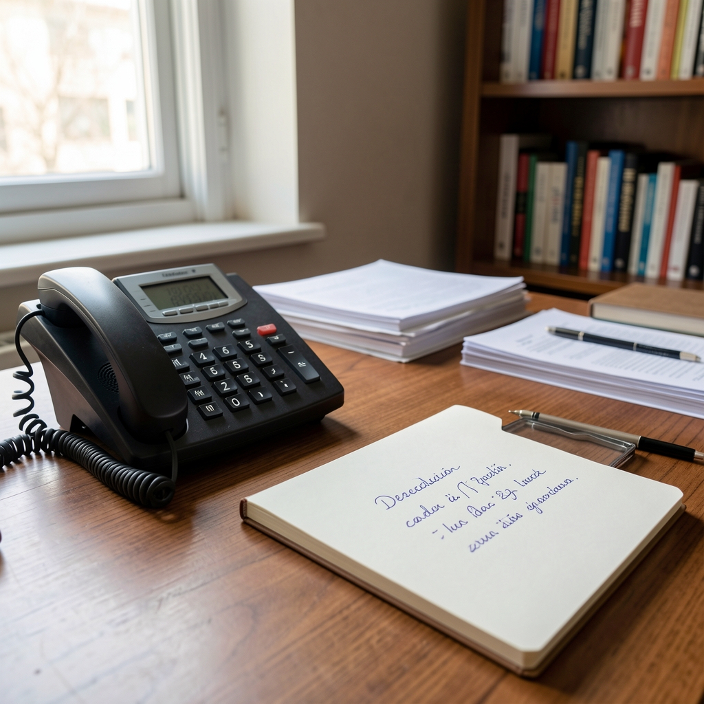 Escritorio editorial argentino con teléfono, cuaderno y dirección de contacto escrita a mano