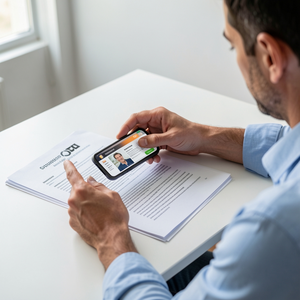 Adulto argentino organizando documentos impresos y una credencial digital en su teléfono sobre una mesa clara
