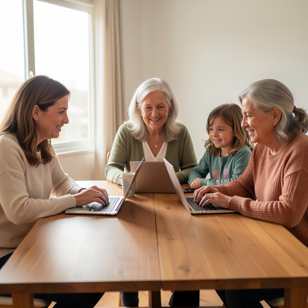 Familia argentina de tres generaciones aprendiendo una gestión digital alrededor de una mesa