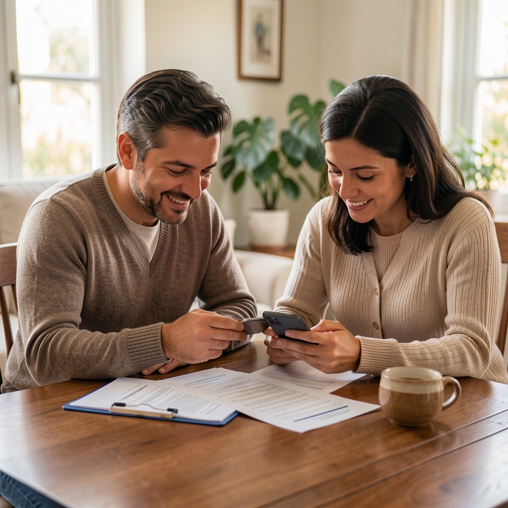 Pareja argentina adulta revisando una lista de trámites en un smartphone sobre una mesa familiar