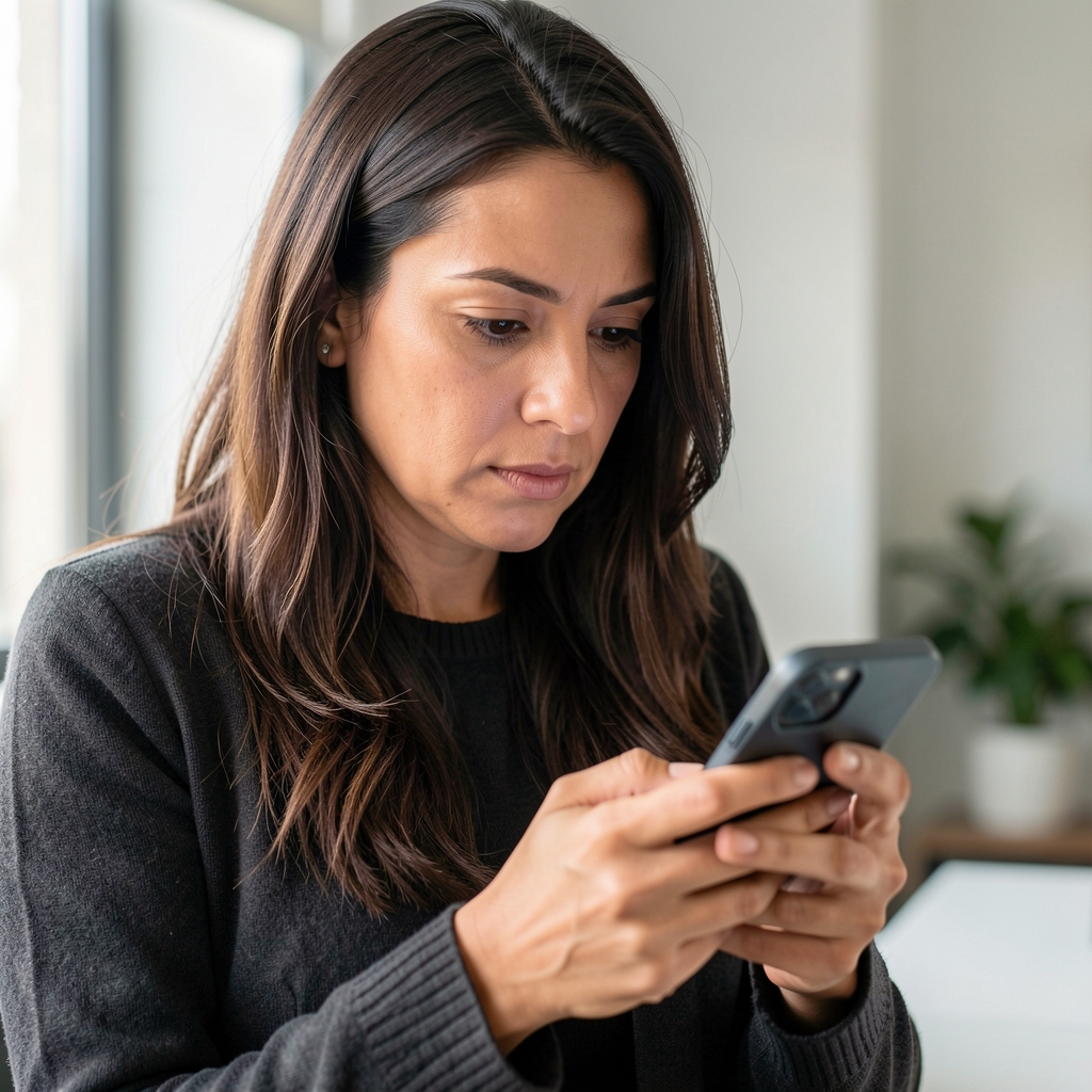 Mujer argentina adulta revisando una alerta de seguridad en su teléfono con expresión concentrada